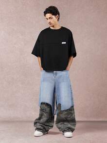 SUMWON 双层阔腿牛仔裤破洞牛仔迷彩拼布设计街头风格都市时尚宽松个性裤秋冬休闲装 - 彩色 - 查看 3