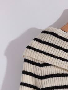 Franclia 女式拼色条纹性感不对称肩部针织上衣 T 恤，法式优雅修身罗纹毛衣，秋季/春季，露肩，高领，长袖 - 黑與白 - 查看 3