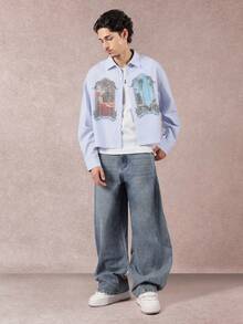 SUMWON Áo sơ mi kẻ sọc in họa tiết cửa sổ Gothic dáng crop fit tay dài, chất liệu cotton pha trộn cỡ lớn, phong cách đường phố giản dị, thu đông, thiết kế tối giản, unisex, lấy cảm hứng từ kiến trúc Pháp cổ điển - Màu xanh lam - Xem 6