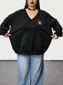 SHEIN CURVE+ 女式加大码 V 领骷髅手指花卉印花黑色加大码宽松羊毛运动衫冬季秋季秋冬 - 黑色 - 查看 4