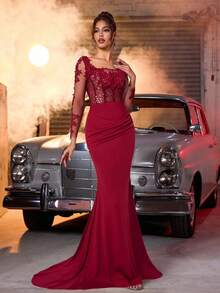 Glamrae Elegant Luxurious Beaded & Rhinestone Embellished Elastic Ruched Mermaid Skirt,Suitable For Weddings,Parties,Vacations,Galas,Formal Occasions - Burgundy - View 3