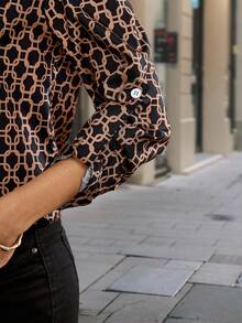 SHEIN Unity Women's Geometric Print Cuffed Sleeve Casual Shirt, Commuter Style Fall Cloth For Women - Brown - View 5