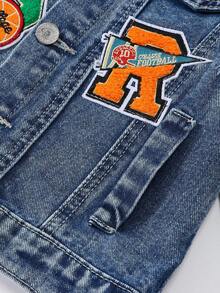 SHEIN Playful Pals Vintage American Street Style Distressed Ripped Tiger Letter Embroidered Patch Loose Casual Comfortable Washed Light Blue Denim Jacket Fall Winter