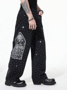ROMWE MEN Men's Dark Gothic Casual Wide Leg Button Pocket Jeans Halloween - Black - View 1