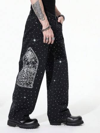 Herren Dunkel Gothic Lässig Weite Bein Knopftaschen Jeans