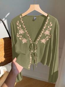 Comfortcana 女式 V 领前系带刺绣长袖休闲衬衫 - 軍綠色 - 查看 7