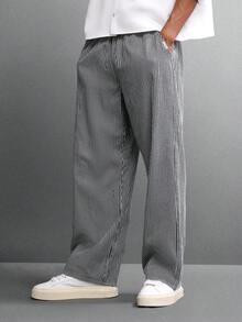 SUMWON 棉质高腰阔腿条纹阔腿裤，前褶筒形剪裁，适合办公室职业裤，四季皆宜 - 黑與白 - 查看 4