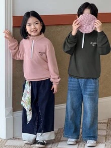 Genkimix Kids Young Girls Letter Embroidered Loose Fit Sweatshirt, Pink - Pink - View 6