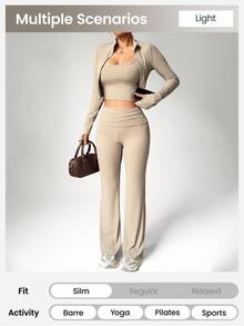 Dewbera Women's 3 PiecesYoga Workout Set, Casual Sexy Outdoor Running U-Neck Top, Comfortable Tummy Control Lifting Leggings, High Neck Tight Fit Long Sleeve Thumb Hole Jacket Beige Workout Set Ribbed Workout Set - Khaki - View 4