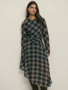 Nöista 长袖格子连衣裙，腰部采用褶皱设计，勾勒出优美的身形，打造优雅百搭的廓形，适合女性冬季穿着；既适合职场穿着，也适合婚礼宾客造型，更是圣诞节、新年活动和季节性叠穿的完美之选。 - 棕色 - 查看 4