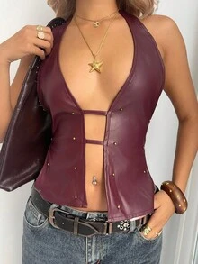 Aloruh 女士时尚街头风深V领露背铆钉装饰上衣，夏季 - 酒紅色 - 查看 4