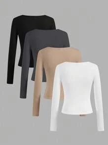 SHEIN Essnce Bộ 4 áo thun cổ tròn tay dài màu trơn đơn giản đa năng dành cho nữ, phù hợp cho mùa xuân và mùa thu - Nhiều màu - Xem 2