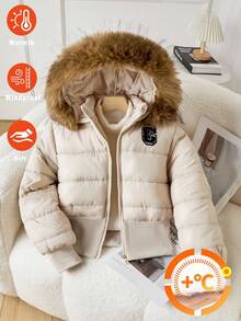 SHEIN Explorewe Girls' Casual Hooded Thickened Padded Coat, Brown Fur Collar, Embroidered Logo On Chest, Ribbed Cuffs And Hem, Slant Pockets, Suitable For Shopping, Walking, School, Commuting, Traveling, Can Be Paired With Sweaters, Long Sleeves, Pants Fall Winter - Khaki - View 3