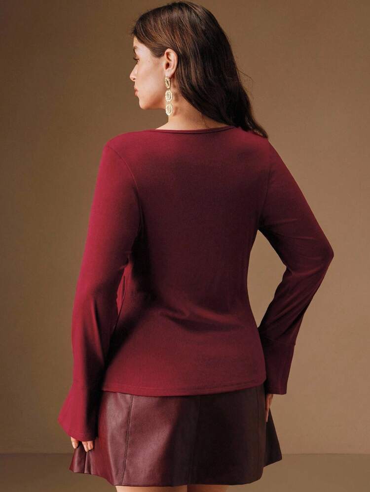 Valentine Plus Size Women Burgundy Knit Elastic Mesh Patchwork Handmade Twist Flare Sleeve Fitted Fall Tops