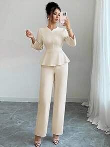 Elenzga Women's Fashion Commuter Elegant 3/4 Sleeve Cinched Waist Umbrella Hem Round Neck Cutout Collar Blouse Paired With Suit Pants, 2 Pieces Casual Outfit Set
