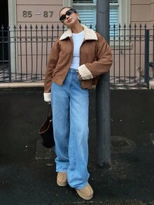 DAZY 女士宽松休闲厚羊毛拼布领夹棉大衣，秋冬夹克 - 棕色 - 查看 6