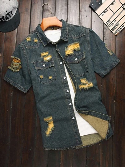 Manfinity Homme 男士休闲破洞口袋翻盖复古牛仔短袖衬衫