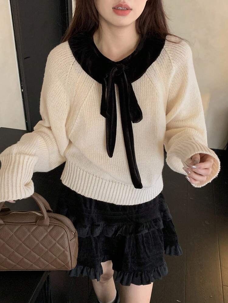 Bow Decor Design Sense Niche Short Loose Casual Knit Sweater Fall,Winter