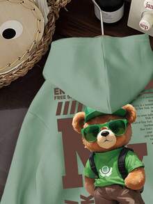 男童休闲简约纽约可爱卡通熊图案舒适厚针织长袖卫衣，秋冬季 - 薄荷綠 - 查看 3