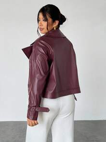 Firerie Chaqueta de piel sintética de unicolor con cuello de solapa y manga larga para mujer de talla grande, otoño - Burdeos - Ver 5