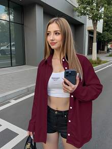 INAWLY 女士纯色单排扣休闲宽松长袖衬衫，秋季