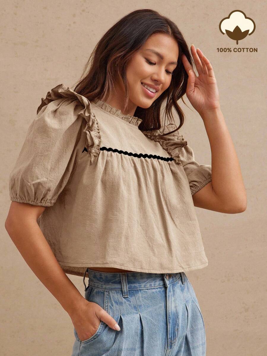 WESTFADE Top de muñeca de estilo occidental con cuello de pico, mangas con volantes y ribete de contraste