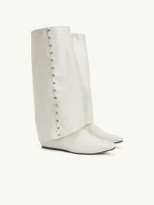 CUCCOO CHICEST Women's Fashionable Versatile Solid Color Knee-High Boots - White - View 2