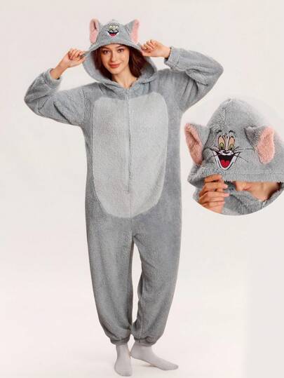 TOM & JERRY X SHEIN Cartoon Mouse Embroidery Zipper Long Sleeve Jumpsuit Costume