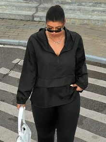 SHEIN EZwear 大码女式休闲纯色拉链半拉链连帽夹克 - 深灰色 - 查看 6