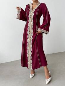 Rafferiza Women's Loose V-Neck Ruffle Long Sleeve Robe, Turkish Long Robe, Arabic Abaya Fall Cloth For Women - Burgundy - View 5