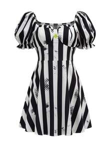 Beetlejuice X SHEIN 女式夏季条纹泡泡袖束腰连衣裙 - 黑與白 - 查看 1
