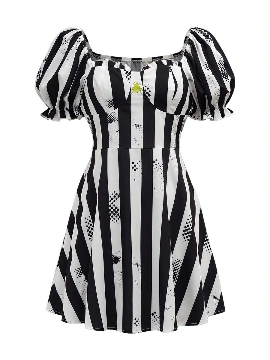 Beetlejuice X SHEIN 女式夏季条纹泡泡袖束腰连衣裙 - 黑與白 - 查看 1