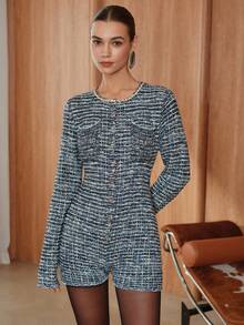 SHEIN Unity Avenne Elegant Women's Knitted Long Sleeve Jumpsuit, Fashionable Elegant Lady Socialite Vintage Style, Slim Fit, Suitable For Spring And Autumn - Multicolor - View 5