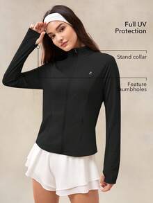 OutZeal 女士防紫外线凉爽触感修身立领拉链口袋防晒夹克女士骑行健身 - 黑色 - 查看 2