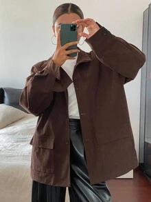 Livesso 女士纯色宽松休闲灯芯绒常规款外套，秋季女式大衣 - 咖啡棕 - 查看 4