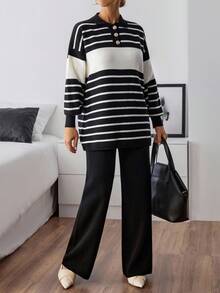 EURMUSE Set de pantaloni și pulover cu guler polo și nasturi în față cu model de dungi pentru femei - Alb-negru - Vizualizare 5