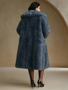 Anewsta Plus Size Women Solid Color Long Fluffy Fuzzy Coat