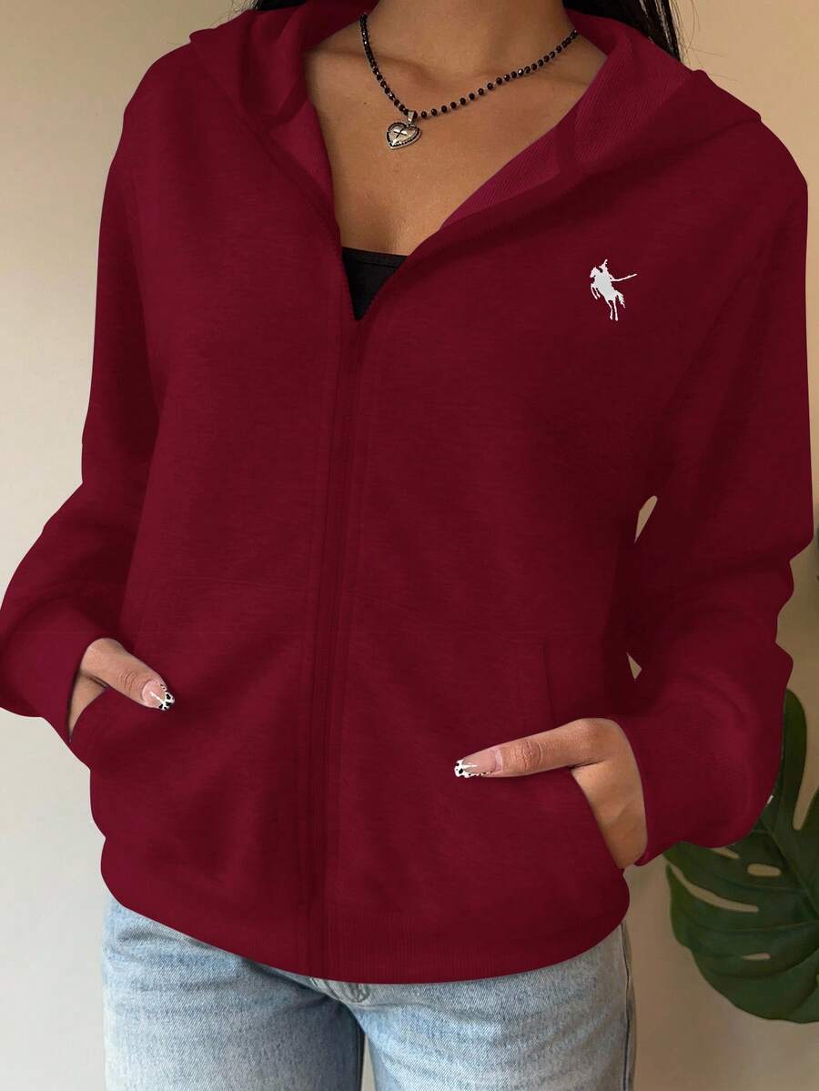 SHEIN EZwear 女式休闲勃艮第拉链连帽运动衫,长落肩袖和紧身下摆常规长度红色连帽衫,女式拉链连帽衫秋冬女装 - 酒紅色 - 查看 1