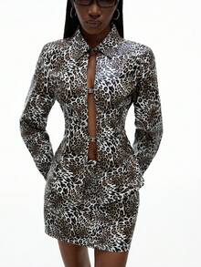 Aveloria GENKIRA Leopard Print PU Leather Hollow Front Random Print Shirt Paired With Skirt, Fashionable & Edgy 2 Pieces Set For Women Fall Cloth For Women - Multicolor - View 3