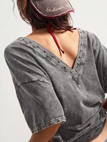 Bohemela Áo thun nữ tay ngắn dệt kim màu trơn rộng rãi, giặt thoải mái - Xám - Xem 6