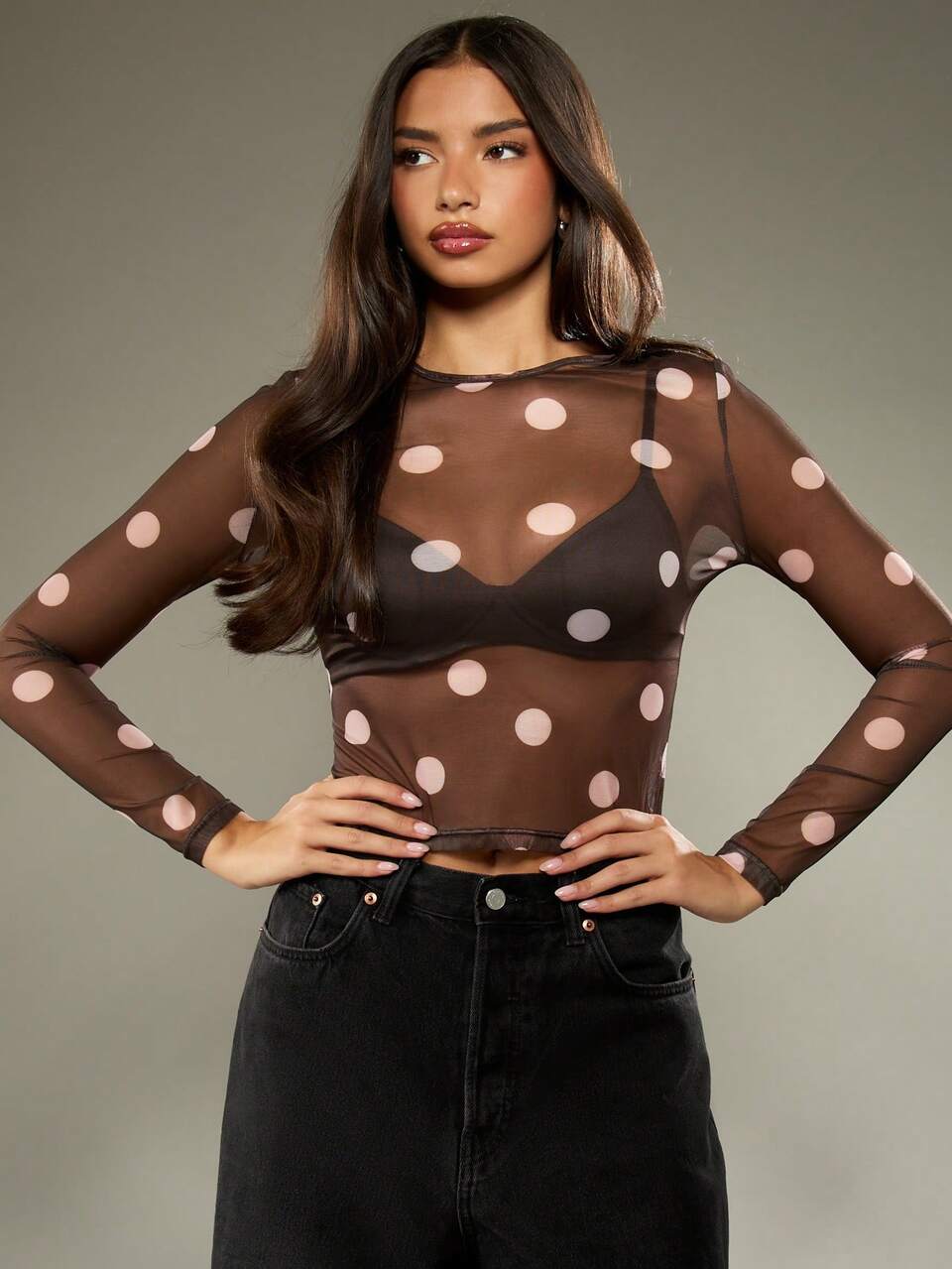 MISSGUIDED Brown Polka Dot Mesh Top With Long Sleeves