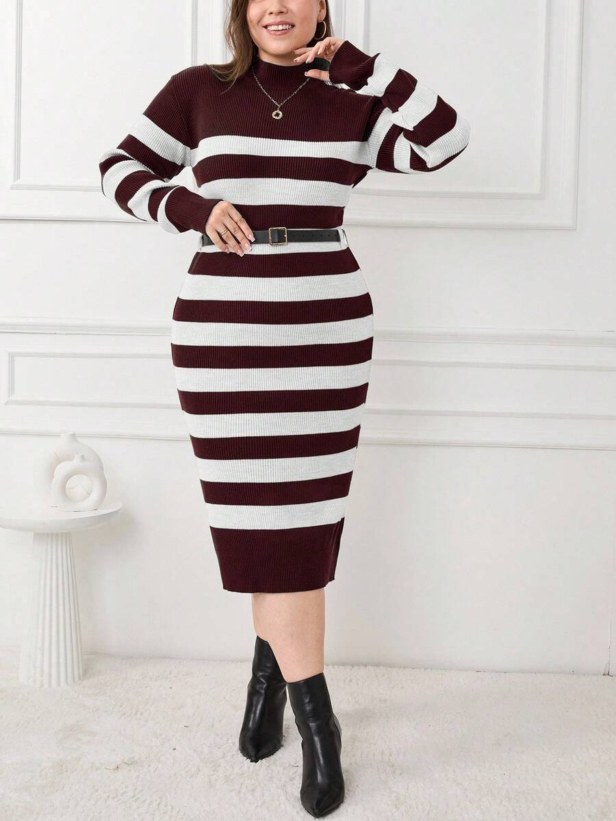 SHEIN Cottnline PLUS SIZE Burgundy STRIPE CASUAL Decent Elegant SWEATER DRESS Office Formal Formal Autumn - Brown - View 1