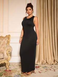 Cravure 大码纯色圆领修身优雅无袖连衣裙 - 黑色 - 查看 4