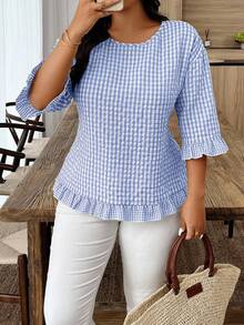 Weeklong Plus Size Women's Round Neck 3/4 Sleeve Plaid Ruffle Hem Casual Shirt Fall - Baby Blue - View 6