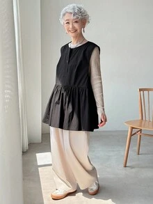FRIFUL Women's Sleeveless Shirt With Ruffle Hem Patchwork, Loose Solid Color Blouse - Black - View 4