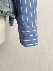 SHEIN EZwear Work/Office Back To School Fall Clothes Blue Striped Woven Women's Long Sleeve Shirt Blue And White Striped Shirt - Blue and White - View 4