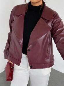 Firerie Chaqueta de piel sintética de unicolor con cuello de solapa y manga larga para mujer de talla grande, otoño - Burdeos - Ver 3