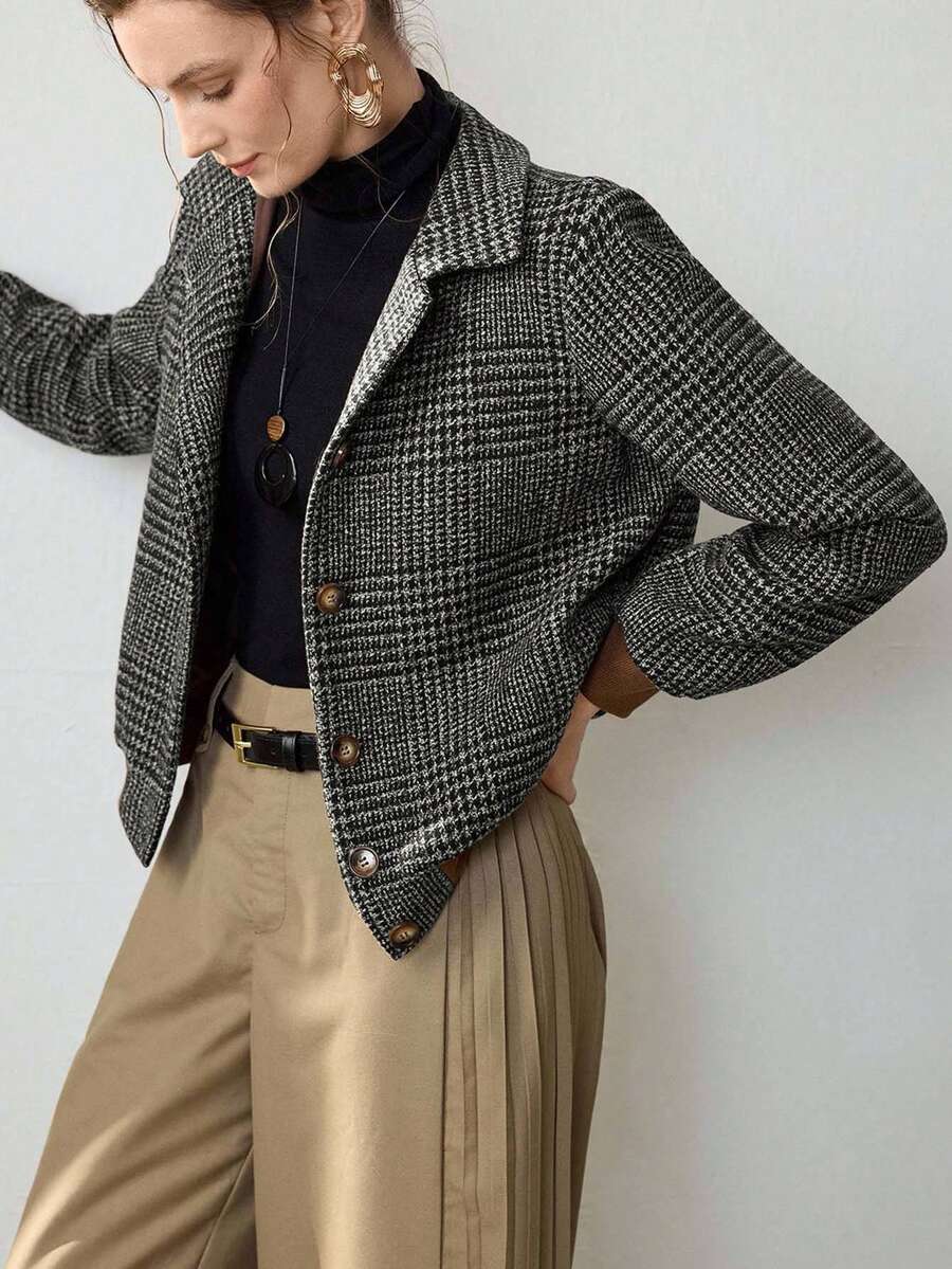 Uhlyne 秋冬新款时尚梭织翻领格纹优雅长袖休闲修身纽扣设计女式夹克外套 - 黑色 - 查看 1