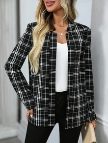 EMERY ROSE 女式格子长袖开襟休闲宽松夹克 - 黑色 - 查看 4