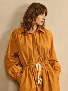 Arave Women's Burnt Orange Cotton Shirt-Style Long Dress,Elegant Autumn Everyday Waist Drawstring Pleated Lapel Lantern Sleeves X-Shaped Commuter Clothes - Orange - View 4